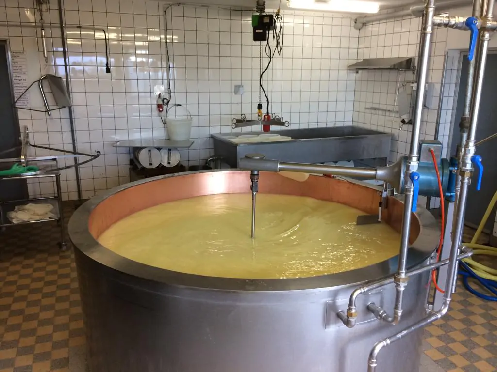 In der moderneren Produktion wird die Milch im Kupferkessel mit Dampf erwärmt.